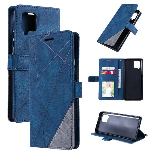 Blue leather flip phone case with geometric stitching, card and photo slots, flip holder.