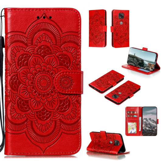 Red mandala embossed PU leather wallet phone case with lanyard strap, flap, and card slots