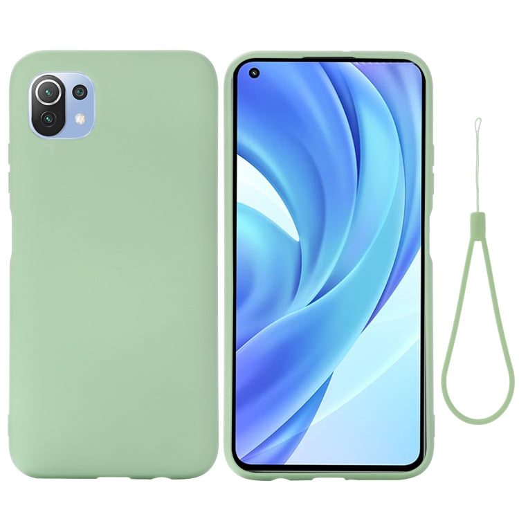 Green liquid silicone phone case with strap loop; front and back view for protection.