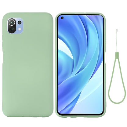 Green liquid silicone phone case with strap loop; front and back view for protection.