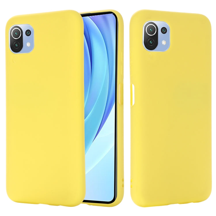 Yellow liquid silicone protective phone case with camera cutouts; front and back view.