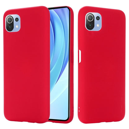 Red liquid silicone protective phone case with camera cutouts; front and back view.