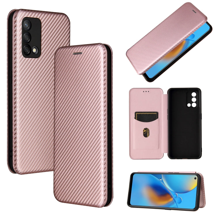 Pink carbon-fiber texture magnetic flip phone case with card slot and screen cover