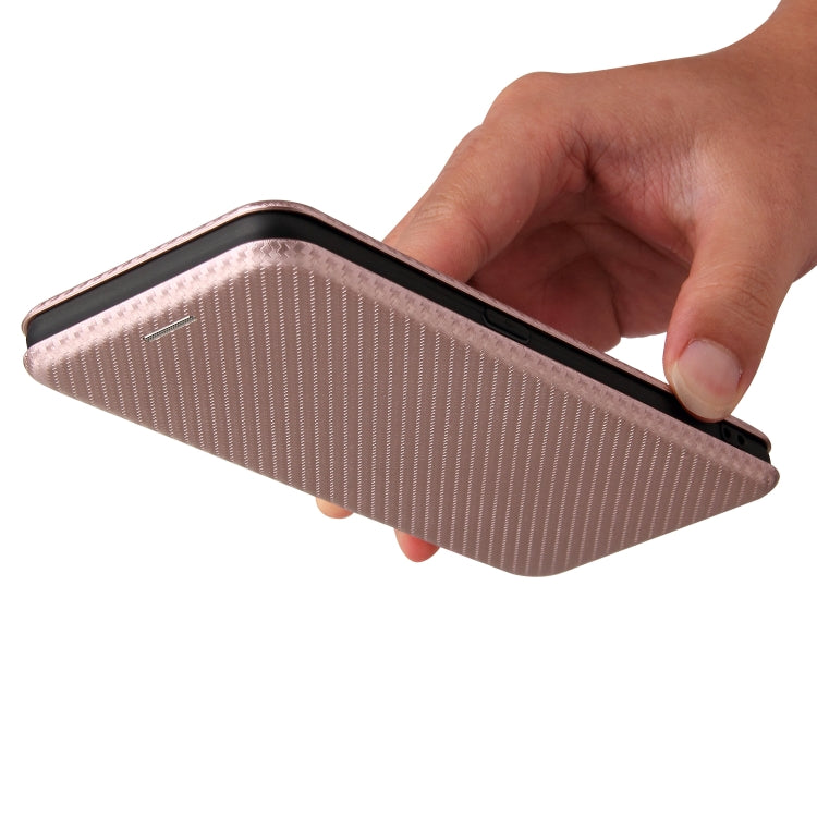 Pink carbon-fiber texture magnetic flip phone case held open with protective edge