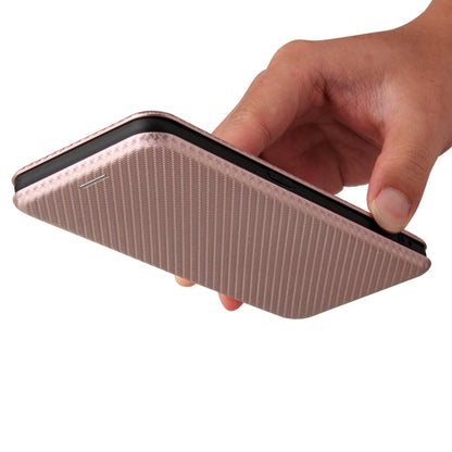 Pink carbon-fiber texture magnetic flip phone case held open with protective edge