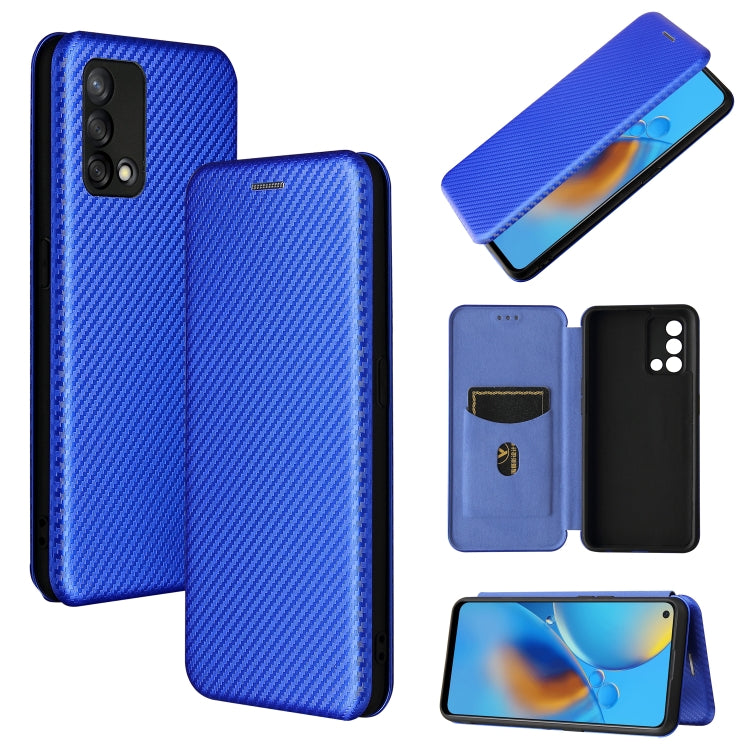 Blue carbon-texture magnetic flip phone case with card slot, for screen protection