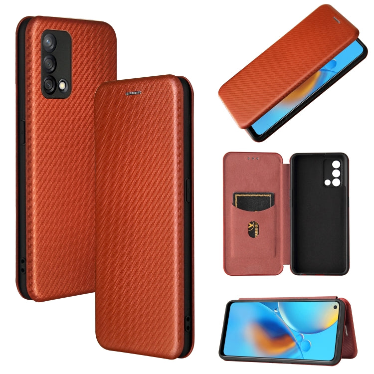 Orange-brown carbon-texture magnetic flip phone case with card slot, dual-view