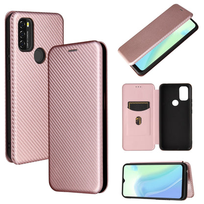 Pink carbon-fiber texture magnetic flip phone case set with card slot and screen cover