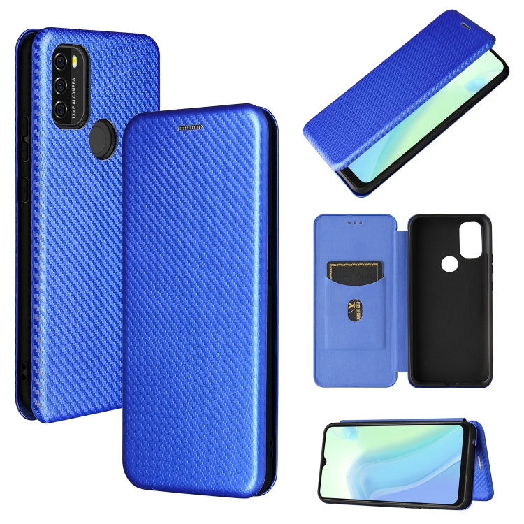 Blue carbon-texture flip phone case with card slot and magnetic closure, side view