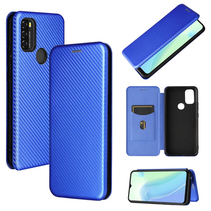Blue carbon-texture flip phone case with card slot and magnetic closure, side view