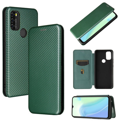 Green carbon-texture magnetic flip phone case with card slot and camera cutout