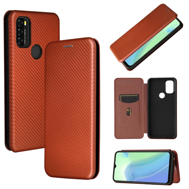 Orange-brown carbon-texture flip phone case with card slot and camera cutout