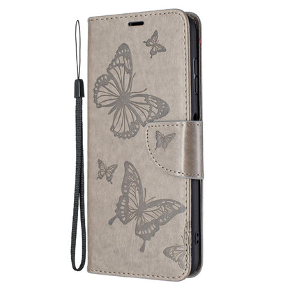 Grey PU leather flip phone case with embossed butterflies and detachable wrist lanyard
