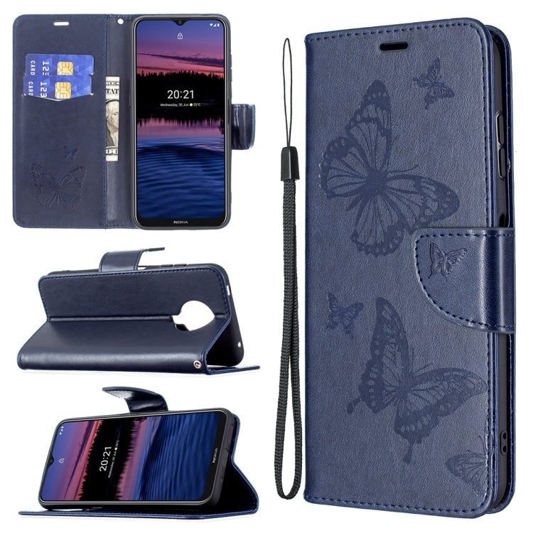 Dark blue PU leather flip phone case with embossed butterflies, card slot, and lanyard