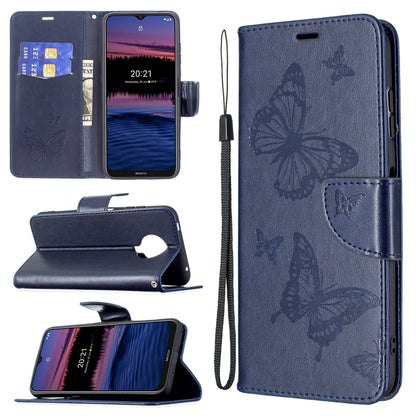 Dark blue PU leather flip phone case with embossed butterflies, card slot, and lanyard