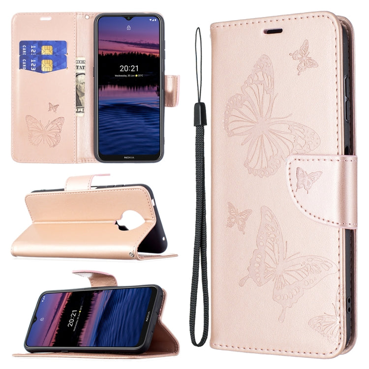 Pink PU leather phone wallet case with embossed butterfly pattern, card slot, and wrist lanyard