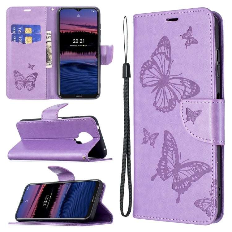 Lavender PU leather phone wallet case with embossed butterfly pattern, card slot, and wrist lanyard