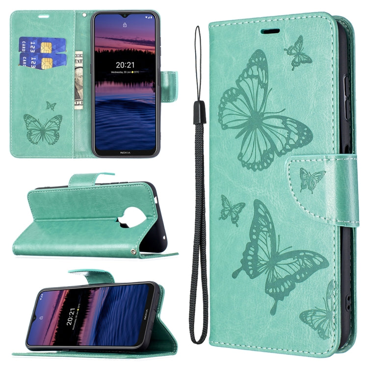 Mint green PU leather phone wallet case with embossed butterflies, card slot, and wrist lanyard