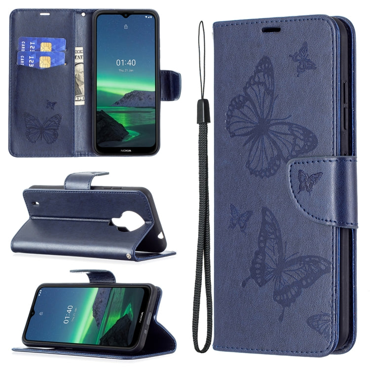 Dark blue PU leather flip phone case with embossed butterflies, card slot, and wrist lanyard