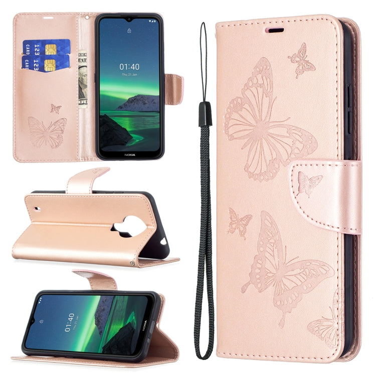 Beige PU leather phone wallet case with embossed butterfly pattern, card slot, and wrist lanyard