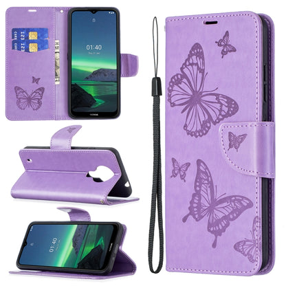 Purple PU leather phone wallet case with embossed butterflies, card slot, and wrist lanyard