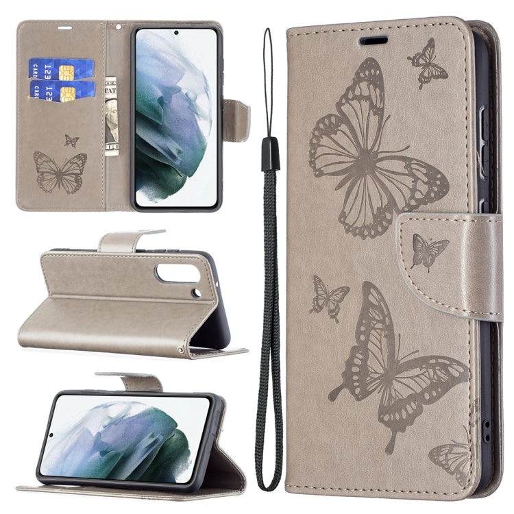 Light gray PU leather phone wallet case with embossed butterflies, card slot, and wrist lanyard