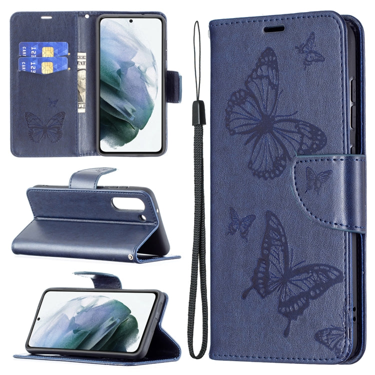 Navy blue PU leather phone wallet case with embossed butterflies, card slot, and wrist lanyard
