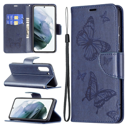 Navy blue PU leather phone wallet case with embossed butterflies, card slot, and wrist lanyard