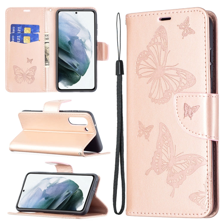 Beige PU leather phone wallet case with embossed butterflies, card slot and lanyard strap