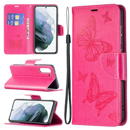Pink PU leather phone wallet case with embossed butterflies, card slot and lanyard strap