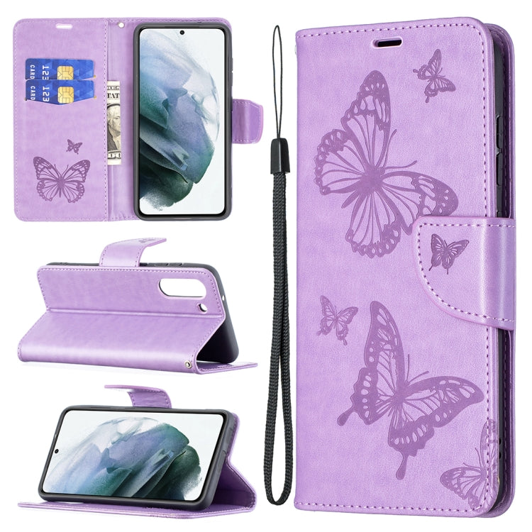 Purple PU leather phone wallet case, embossed butterflies, card slots and lanyard strap