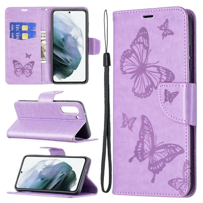 Purple PU leather phone wallet case, embossed butterflies, card slots and lanyard strap