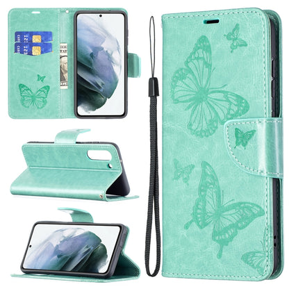 Mint green PU leather phone wallet case with embossed butterflies, card slot and lanyard strap