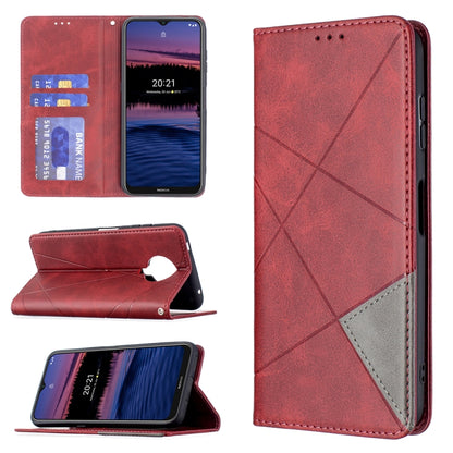 Red rhombus-textured magnetic flip leather phone case with card slots