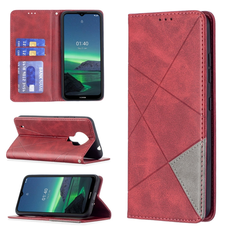 Dark red rhombus-textured magnetic flip leather phone case with card slots