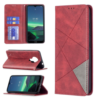 Dark red rhombus-textured magnetic flip leather phone case with card slots
