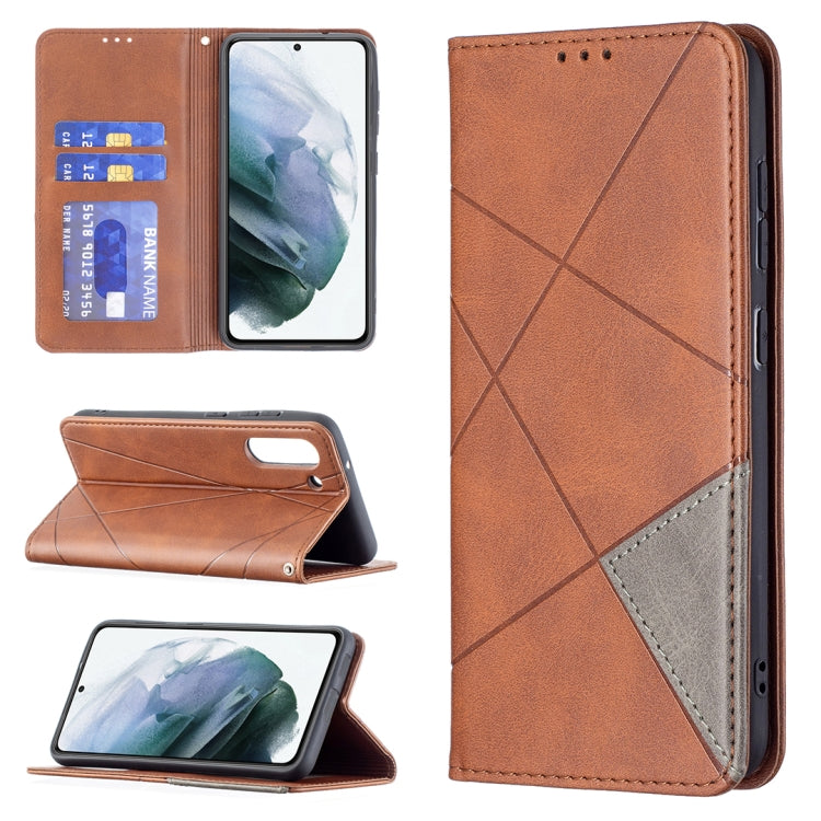 Brown rhombus-texture magnetic flip leather phone case with card slots and stand