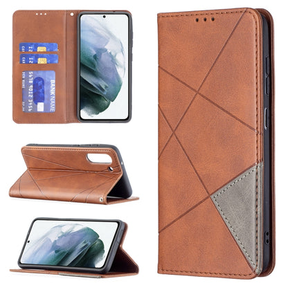 Brown rhombus-texture magnetic flip leather phone case with card slots and stand