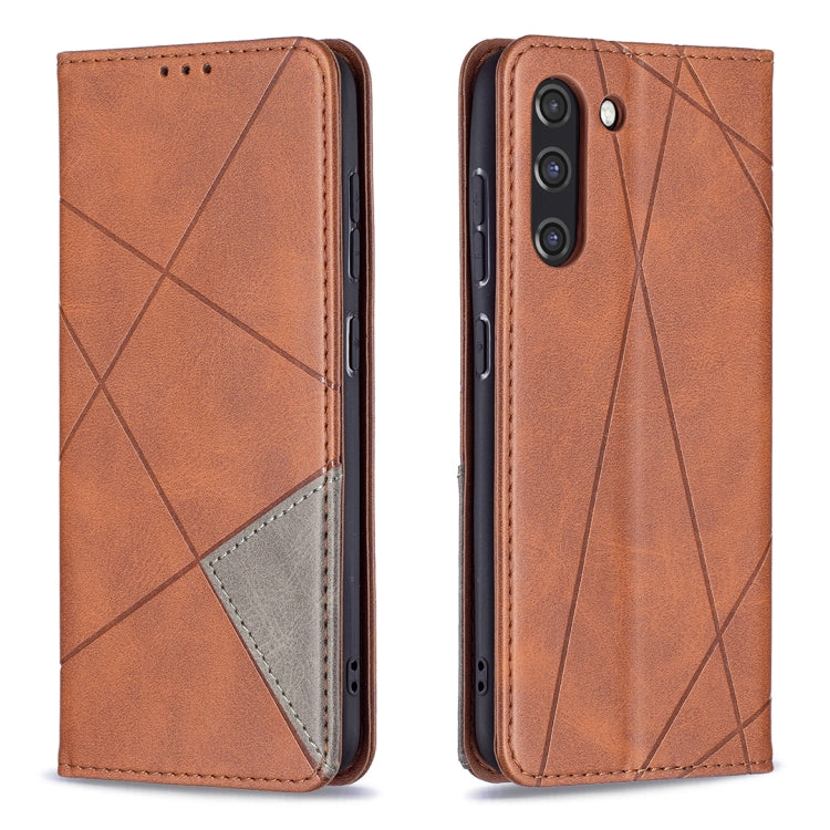 Brown rhombus-texture magnetic leather phone case with card pocket and camera cutouts