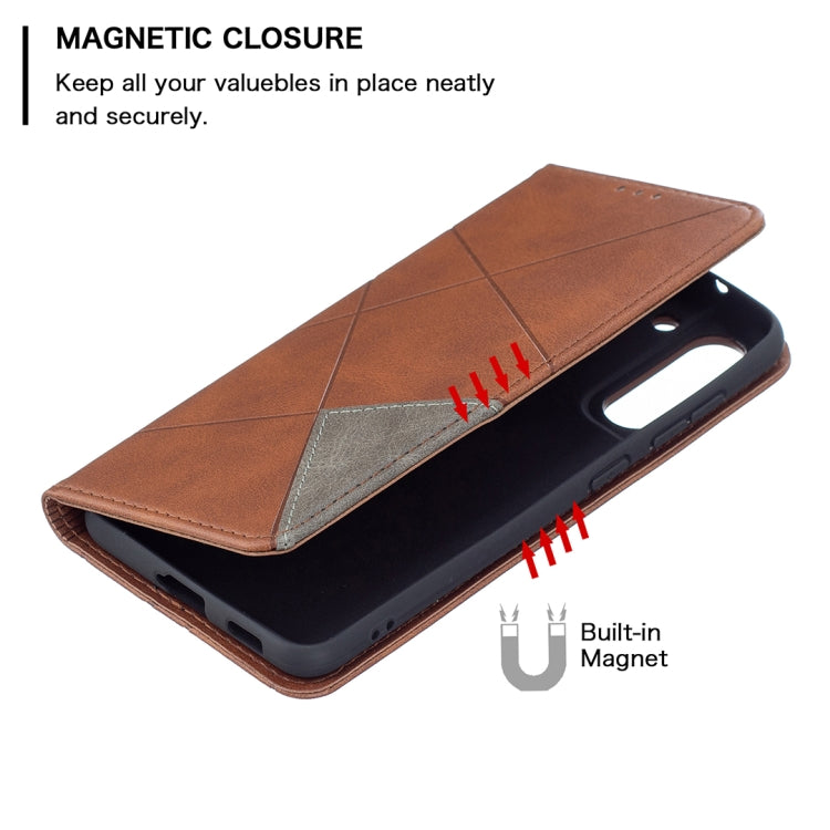 Brown rhombus-texture leather flip case with built-in magnet closure and card slots