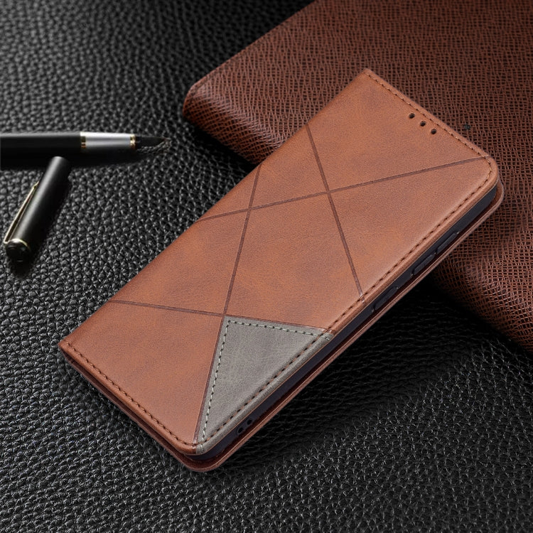 Brown rhombus-texture magnetic flip leather case with stitched card pocket and camera cutout