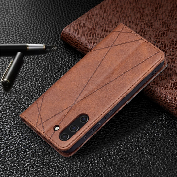 Brown rhombus-texture leather phone case with magnetic closure and camera cutouts