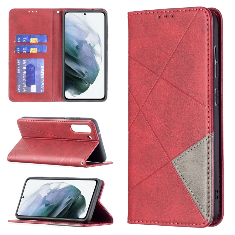 Red rhombus-texture magnetic flip leather case with card slots and holder