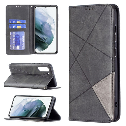 Grey rhombus-texture magnetic flip leather phone case with card slots and stand