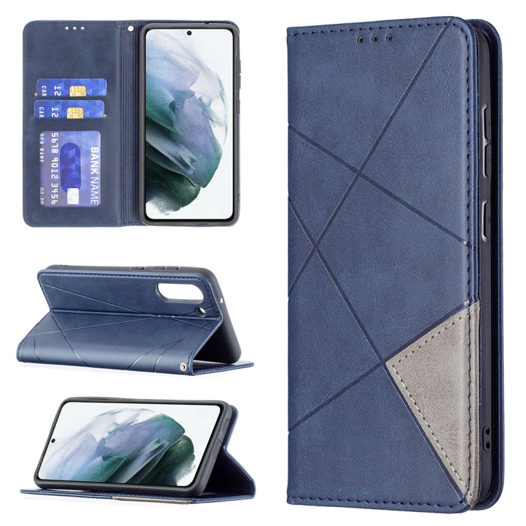 Blue rhombus-texture magnetic flip leather phone case with card slots and stand