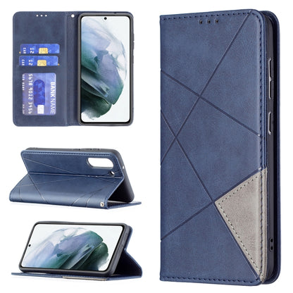 Blue rhombus-texture magnetic flip leather phone case with card slots and stand