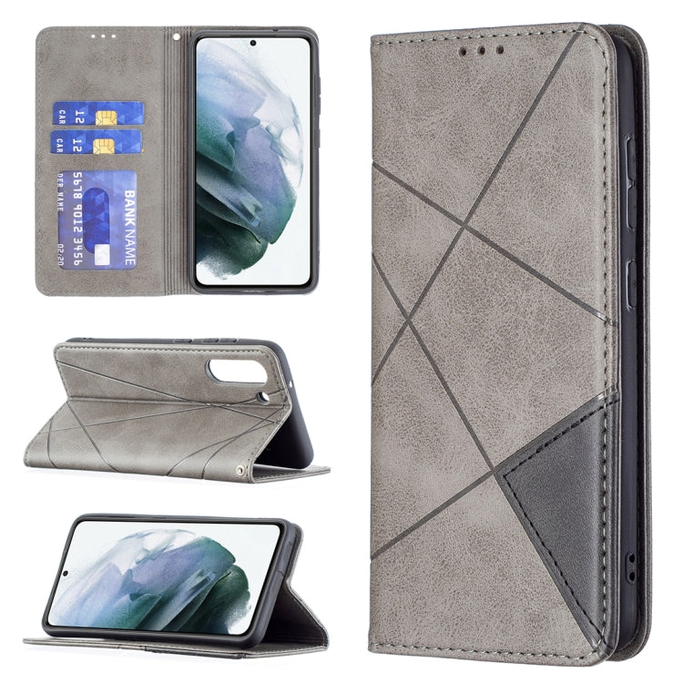 Gray rhombus-textured magnetic flip leather phone case with card slots