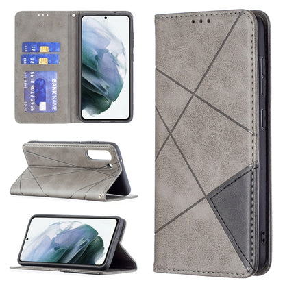 Gray rhombus-textured magnetic flip leather phone case with card slots