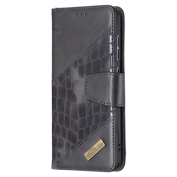 Dark gray crocodile-texture wallet flip phone case with front strap and card holder