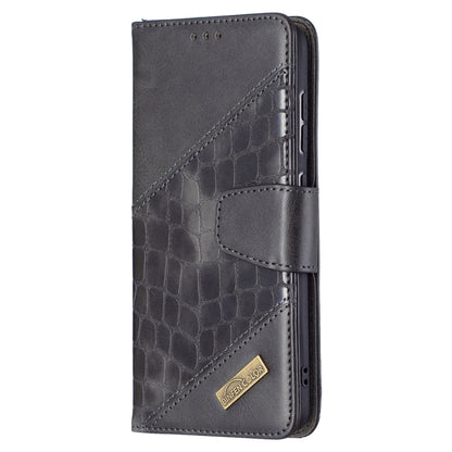 Dark gray crocodile-texture wallet flip phone case with front strap and card holder